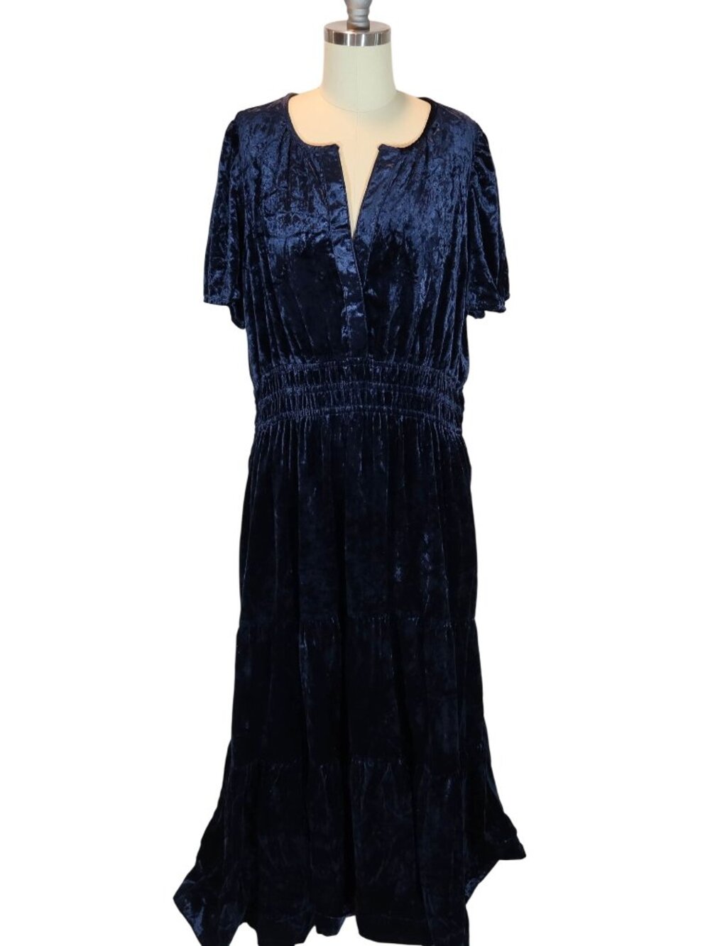 ANTHROPOLOGIE Somerset Velvet Tiered Maxi Dress Size XL Navy Blue Peasant
